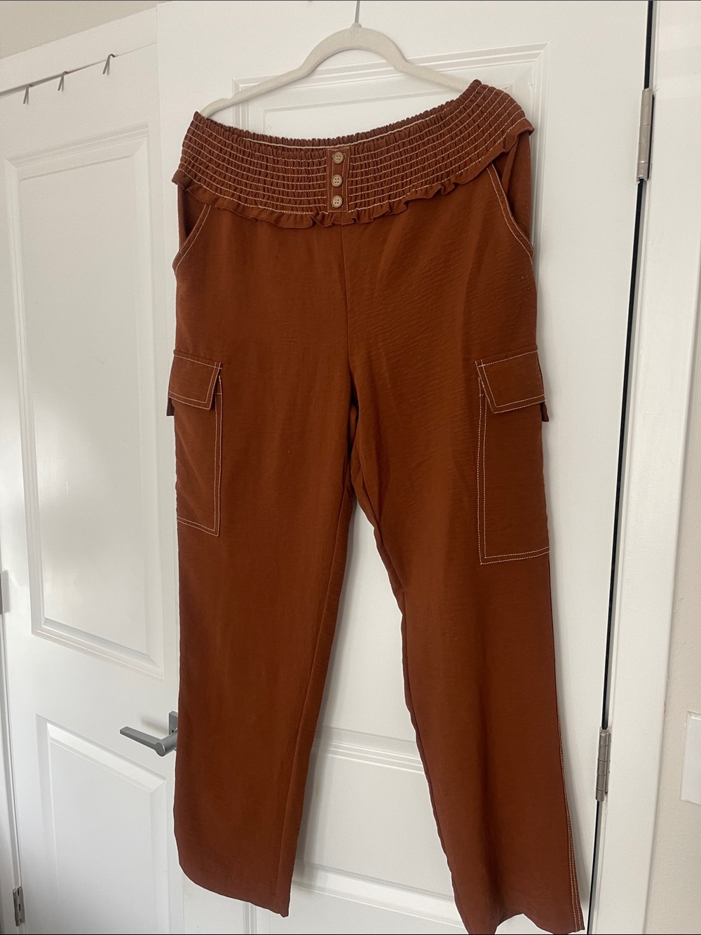 Rust Wide-Leg Cargo Pants with Smocked Waist